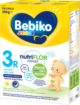 Bebiko Junior 3R formuła mleczna z nutriFLOR INULINA i kleikiem ryżowym, żółto-niebieskie opakowanie, widok z przodu.
