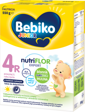 Bebiko Junior 4R mleko modyfikowane, żółto-białe pudełko z misiem i napisem nutriFLOR INULINA, dla dzieci pow. 2 lat.