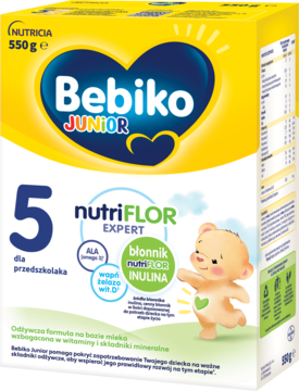 Żółte opakowanie Bebiko Junior 5 nutriFLOR EXPERT z błonnikiem inulina, dla przedszkolaka, widok z przodu.