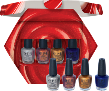 Świąteczny zestaw OPI Holiday 2025: 4 mini lakiery, metaliczne odcienie (srebrny, miedziany, złoty, niebieski) w pudełku usta.