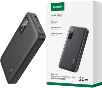 Szary powerbank Ugreen PB507 10000mAh 20W z cyfrowym wyświetlaczem, stojący pod kątem obok białego pudełka.