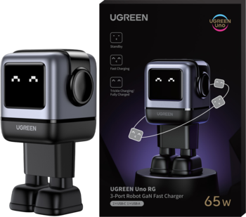UGREEN 65W GaN robot ładowarka w kształcie robota, ciemnoszara, z wyświetlaczem, obok czarnego opakowania.