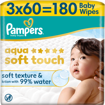 Pampers Aqua Soft Touch 3x60=180 chusteczek nawilżanych z 99% wodą, miękka tekstura, widok z przodu.