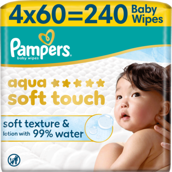 Opakowanie Pampers Aqua Soft Touch 240 chusteczek, niebiesko-żółte, z niemowlakiem, 99% wody, widok z przodu.