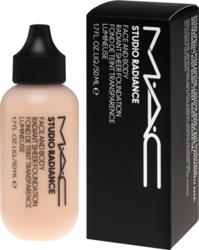 Radiant sheer podkład MAC Studio Radiance w butelce z zakraplaczem i czarnym pudełkiem, widok z przodu.