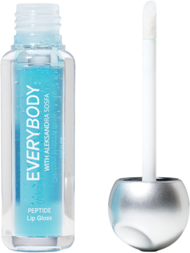 Błyszczyk peptydowy Everybody Cold me w przezroczystej butelce z niebieskim płynem. Obok odkręcony srebrny aplikator.