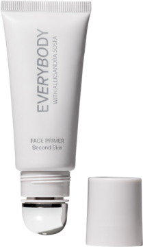 Plumping Face Primer w białej tubce z metalowym rollerem, napis "EVERYBODY", cap obok. Nawilżająca baza pod makijaż.