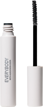 Biały żel do brwi Everybody z otwartym opakowaniem i czarną szczoteczką, widok z boku.