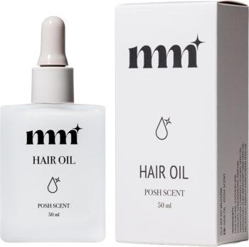 mm+ Hair Oil Posh Scent, biała szklana butelka z zakraplaczem obok kartonowego pudełka, widok przód.