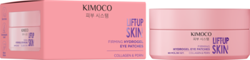 Kimoco Lift Up Skin Hydrożelowe płatki pod oczy w różowym pudełku i słoiczku, Collagen & PDRN, z przodu.