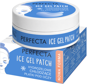 Perfecta Ice Gel Patch, hydrożelowe chłodzące płatki pod oczy. Biały słoiczek na niebieskim opakowaniu.