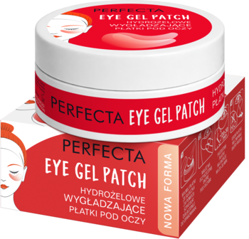 Perfecta Eye Gel Patch, hydrożelowe wygładzające płatki pod oczy w białym słoiczku z czerwonym wieczkiem, na pudełku. Widok z przodu.