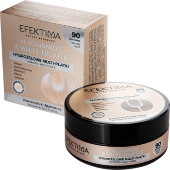 Efektima Niacinamide & White Truffle hydrożelowe multi-płatki w beżowym pudełku i otwartym słoiku, widok z przodu.