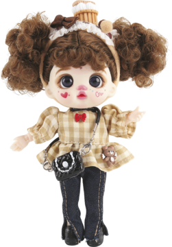 Lalka kolekcjonerska z brązowymi loczkami, w sukience w kratkę, z torebką i opaską z babeczką, widok z przodu.