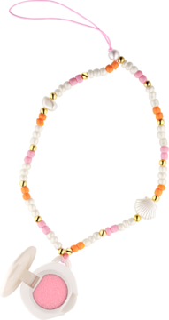 Dziecięca bransoletka z różowych i pomarańczowych koralików z muszelką, do której doczepiono otwarty różowy cień do powiek.