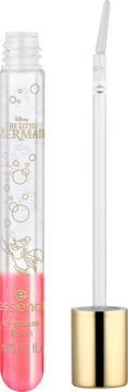 essence Disney The Little Mermaid bi-phase lip oil. Clear tube, pink and clear layers, gold accents, applicator.