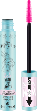 Otwarta niebieska mascara Essence The Little Mermaid z różową szczoteczką, zwiększająca objętość i długość.