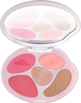 Otwarta paleta Essence Disney Mała Syrenka w kształcie muszli, z różami, bronzerem i rozświetlaczem.