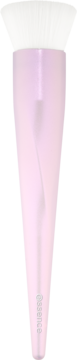 Pędzel do pudru Essence, z białym, szerokim włosiem i różowym, gładkim uchwytem z logo. Widok całego pędzla.