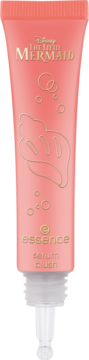 Brzoskwiniowy Essence The Little Mermaid serum blush w tubce, ze złotym Flounderem i aplikatorem roll-on.