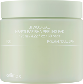 Celimax HEARTLEAF BHA PEELING PAD, matowy jasnozielony słoik, widok z przodu, do delikatnego złuszczania skóry.