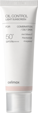 Biała tubka Celimax Oil Control Light Sunscreen SPF 50+ PA++++, matujący krem z filtrem do skóry tłustej, widok z przodu.