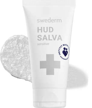 Biała tubka Swederm HUD SALVA sensitive, maść do pielęgnacji wrażliwej skóry, z logo IMiD. Widok z przodu.