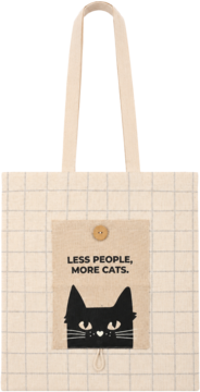 Eloy Torba bawełniana, beżowa w kratkę, z guzikiem i napisem 'LESS PEOPLE, MORE CATS' oraz czarnym kotem.