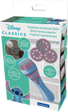 Disney Stitch projector 2-in-1 torch light, blue/purple, with 3 story discs, on its vibrant teal and white retail box. Frontal.