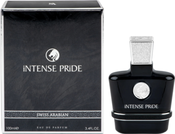 Swiss Arabian Intense Pride EDP 100ml: czarny, kanciasty flakon i pudełko z srebrnymi detalami, widok z przodu.