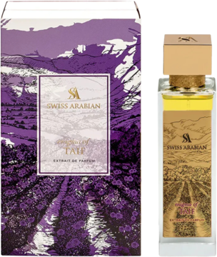 Swiss Arabian Enigma of Taif Extrait de Parfum. Fioletowe pudełko i butelka ze złotą etykietą, widok z przodu.