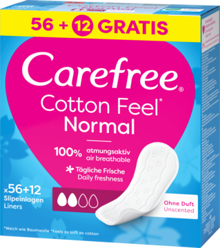 Opakowanie Carefree Cotton Feel Normal, 56+12 wkładek oddychających bez zapachu, w niebiesko-różowym pudełku.