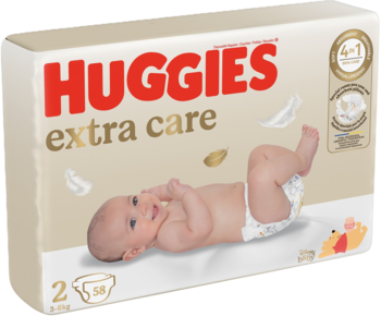 Białe opakowanie pieluch Huggies Extra Care rozmiar 2, czerwone logo i uśmiechnięte dziecko na froncie.