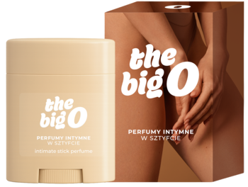 Perfumy intymne The Big O w beżowym sztyfcie i brązowe pudełko z zarysem kobiecej sylwetki, widok z przodu.