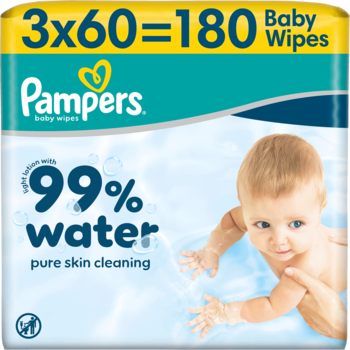 Pampers 99% Water chusteczki nawilżane, 3x60=180 sztuk, błękitne opakowanie z grafiką dziecka.