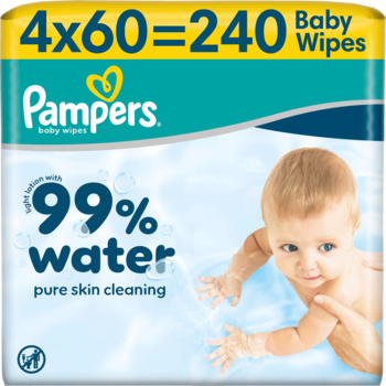 Pampers 99% Water Chusteczki nawilżane dla niemowląt, 240 sztuk. Błękitne opakowanie z bobasem, przód.