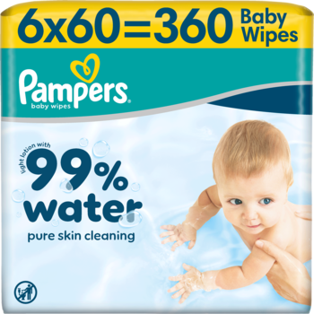 Pampers Baby Wipes 99% Water, 360 sztuk, błękitne opakowanie z grafiką niemowlęcia, widok z przodu.