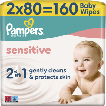 Opakowanie Pampers Sensitive chusteczki nawilżane 2w1 dla niemowląt, 160 sztuk, z uśmiechniętym dzieckiem.