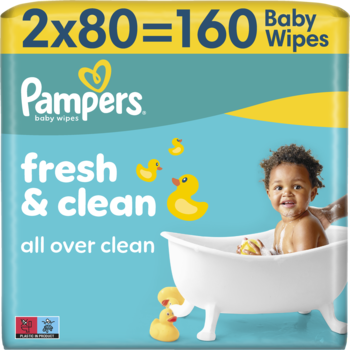 Turkusowe opakowanie chusteczek nawilżanych Pampers Fresh & Clean, 160 sztuk, z dzieckiem i kaczkami.