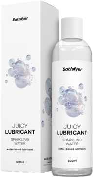 Satisfyer Sparkling Water 300ml lubrykant na bazie wody, przezroczysta butelka i pudełko, widok z przodu.