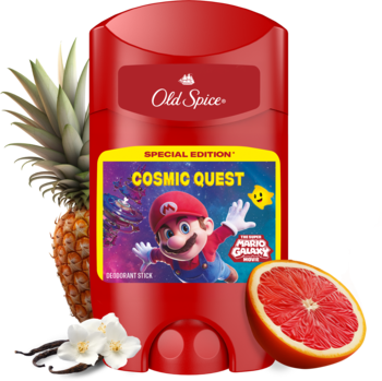 Czerwony dezodorant Old Spice Bearglove Mario Cosmic Quest 50ml, obok ananas, grejpfrut i wanilia.
