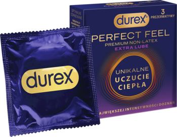 Durex Perfect Feel: fioletowe pudełko prezerwatyw i pojedynczy kondom, z napisem „Unikalne uczucie ciepła”.