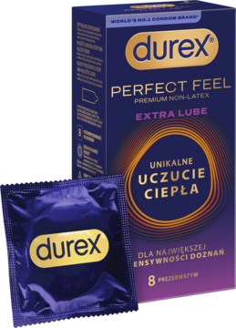 Durex Perfect Feel non-latex extra lube, opakowanie 8 sztuk i rozłożona folia, obie fioletowo-złote, efekt ciepła.