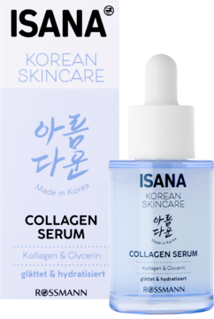 Serum kolagenowe ISANA Korean Skincare, białe pudełko i niebieska butelka z kroplomierzem, widok przód-bok.