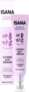 Lawendowe serum pod oczy ISANA Korean Skincare z gliceryną, tubka z pompką obok pudełka.