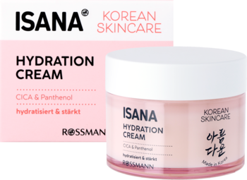 Krem nawilżający Isana Korean Skincare Hydration CICA & Panthenol w różowym słoiku, obok kartonowego opakowania.