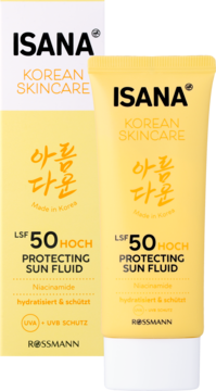 Isana Korean Skincare Protecting Sun Fluid LSF 50: żółte pudełko i tuba z niacynamidem, widok przód.