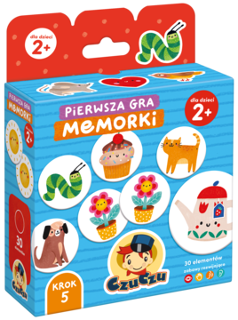 Pudełko gry CzuCzu Pierwsza Gra Memorki dla dzieci 2+, kolorowe kafelki z wesołymi rysunkami, widok z przodu.