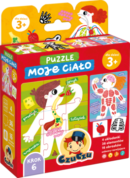 Czerwone pudełko puzzli CzuCzu Moje Ciało dla 3+, widok z przodu pod kątem, z ilustracjami organów.