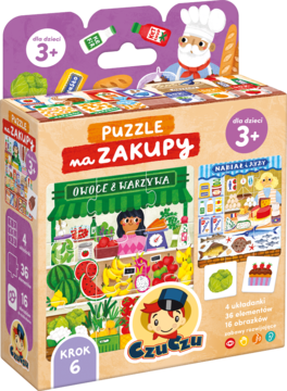 Pudełko puzzli CzuCzu 'Na Zakupy: Owoce i Warzywa', dla dzieci 3+, z ilustracją targu i kucharza.
